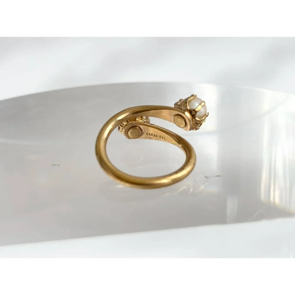 Faux Pearl Wrap Adjustable Gold Toned Costume Jewelry Vintage Ring - sz 4.25 - Picture 13 of 16